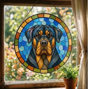 Decorative Rottweiler stained glass wall decor with colorful mosaic glass and black lead lines