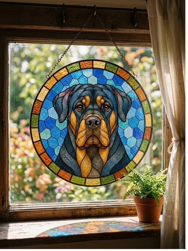 Decorative Rottweiler stained glass wall decor with colorful mosaic glass and black lead lines