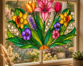 Flower Stained Glass Pattern | Tulip Lily Window Hanging Template | Digital Download