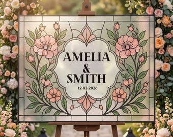 Editable Wedding Stained Glass Template, Personalized Floral Welcome Sign, Canva Wedding Sign, Printable Digital Download