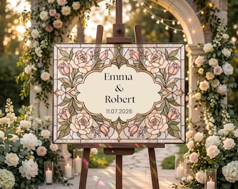 Floral Faux Stained Glass Wedding Welcome Sign Template | Editable Canva Design | Printable Digital Download
