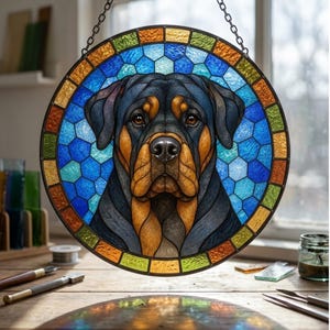 Dog lover stained glass window art featuring a Rottweiler portrait with blue glass background