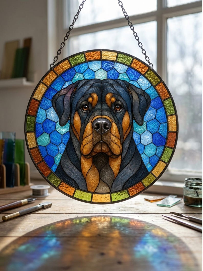 Dog lover stained glass window art featuring a Rottweiler portrait with blue glass background