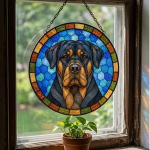 Personalized pet stained glass suncatcher style Rottweiler hanging in a bright home window