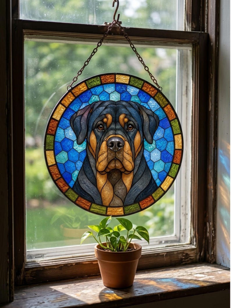 Personalized pet stained glass suncatcher style Rottweiler hanging in a bright home window