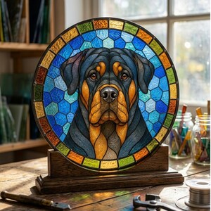 Colorful stained glass Rottweiler window decor with textured glass pieces and sunlight reflections