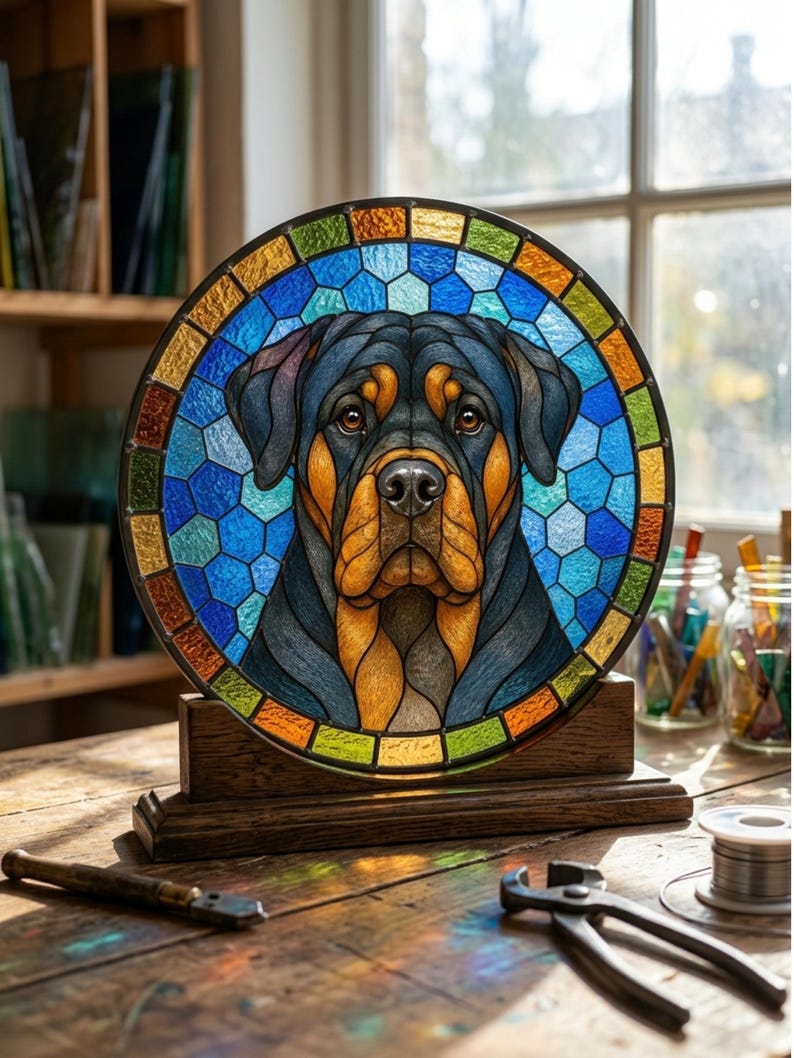 Colorful stained glass Rottweiler window decor with textured glass pieces and sunlight reflections