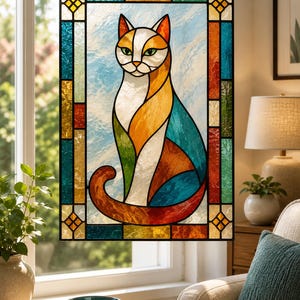 Puede incluir: Un panel de vidrieras con un diseño de gato estilizado. El gato está representado con secciones blancas, naranjas y turquesas, sobre un fondo azul claro. El panel está enmarcado con vidrio de colores y el texto "CAT STAINED GLASS PATTERN" está en la parte inferior.