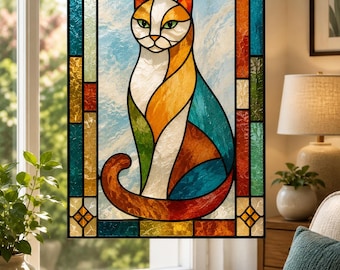 Modern kat gebrandschilderd glaspatroon, DIY Suncatcher-sjabloon, digitale download glaskunst