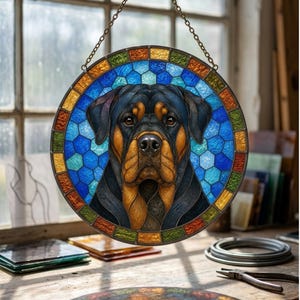 Rottweiler stained glass window hanging with colorful textured glass and amber border
