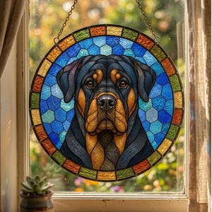 Round stained glass dog portrait suncatcher featuring a Rottweiler with realistic glass texture