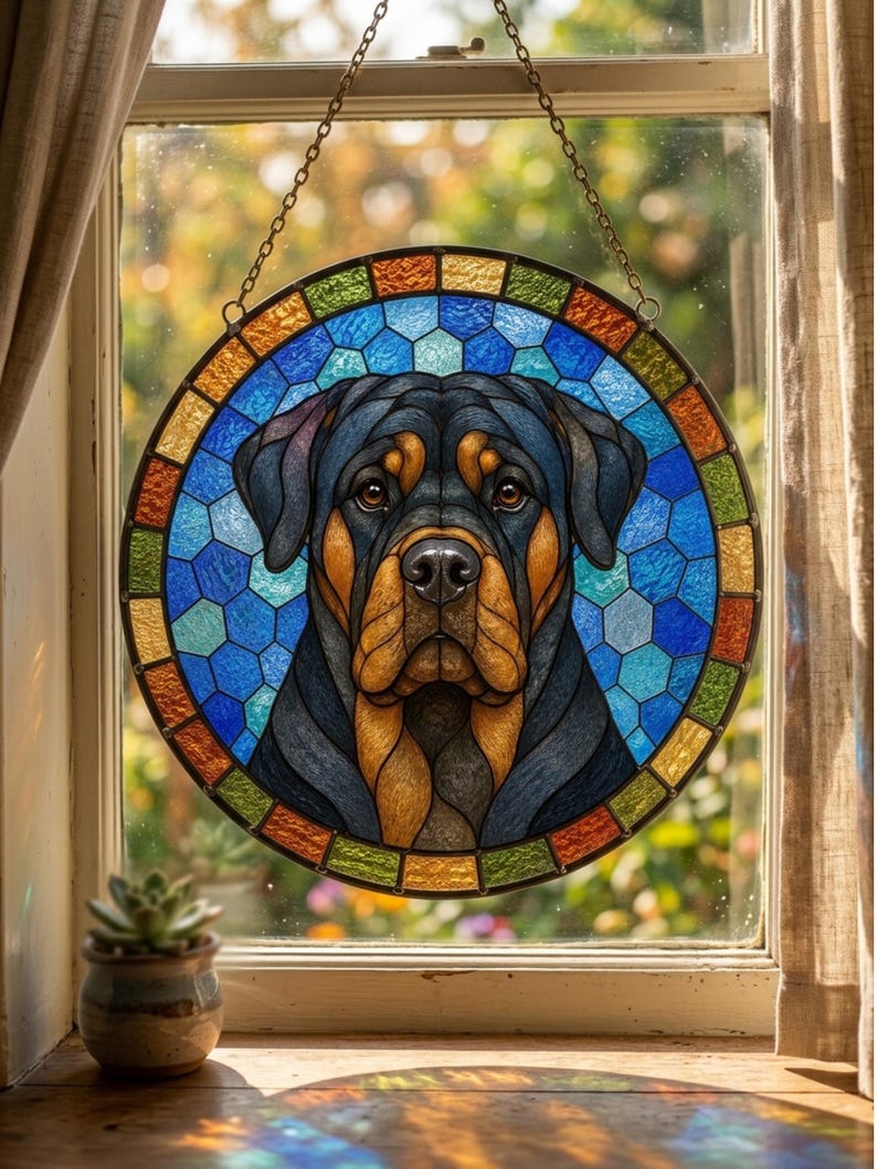 Round stained glass dog portrait suncatcher featuring a Rottweiler with realistic glass texture