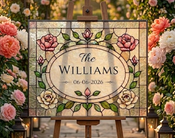 Editable Wedding Welcome Sign Template, Stained Glass Floral Canva Sign, Printable 20x16