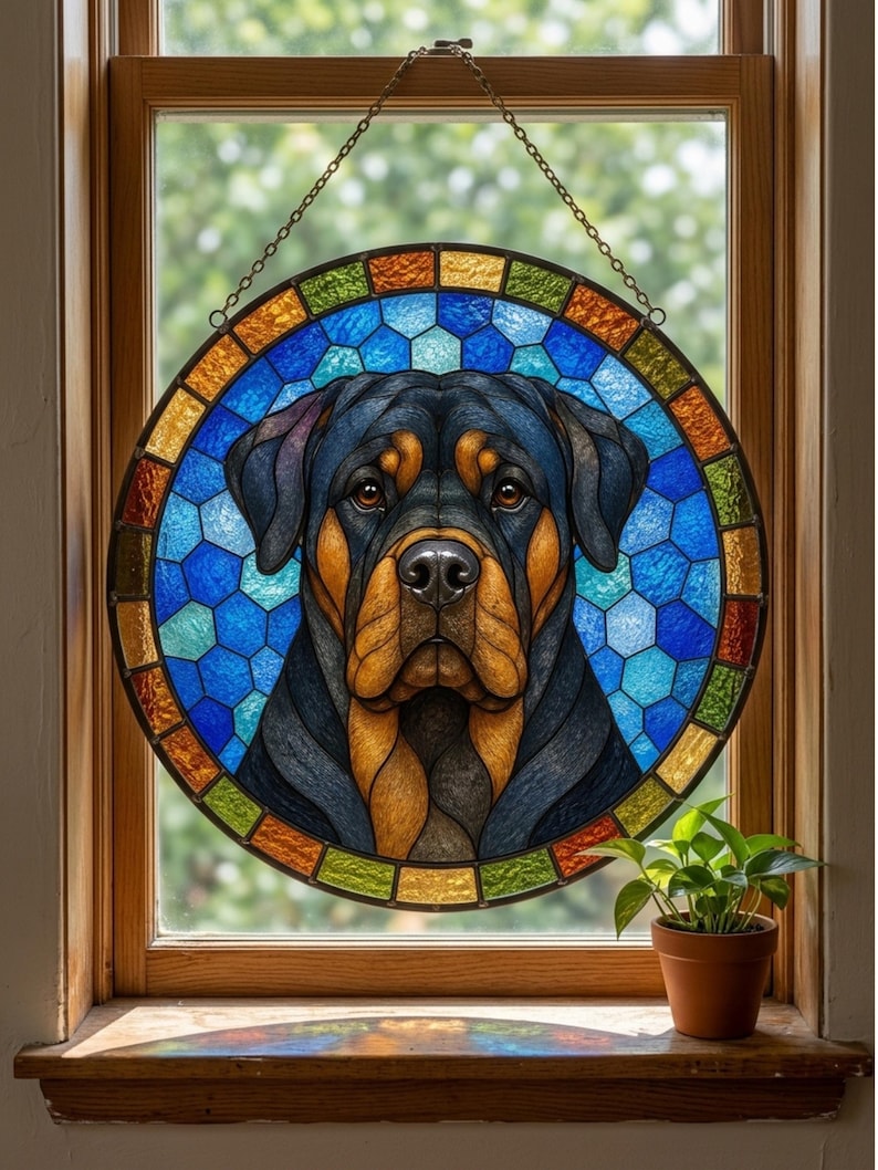 Handmade stained glass Rottweiler suncatcher hanging in a wooden window with blue mosaic glass