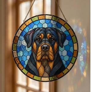 Handcrafted stained glass Rottweiler panel hanging by chain in natural window light