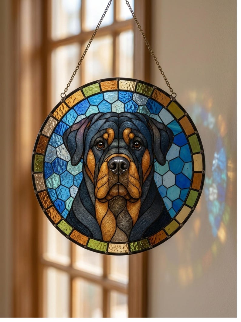 Handcrafted stained glass Rottweiler panel hanging by chain in natural window light
