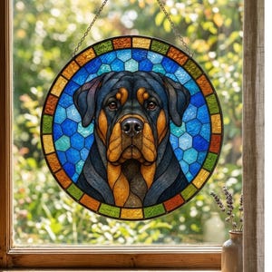 Custom Rottweiler stained glass suncatcher for dog lovers and pet memorial window decor