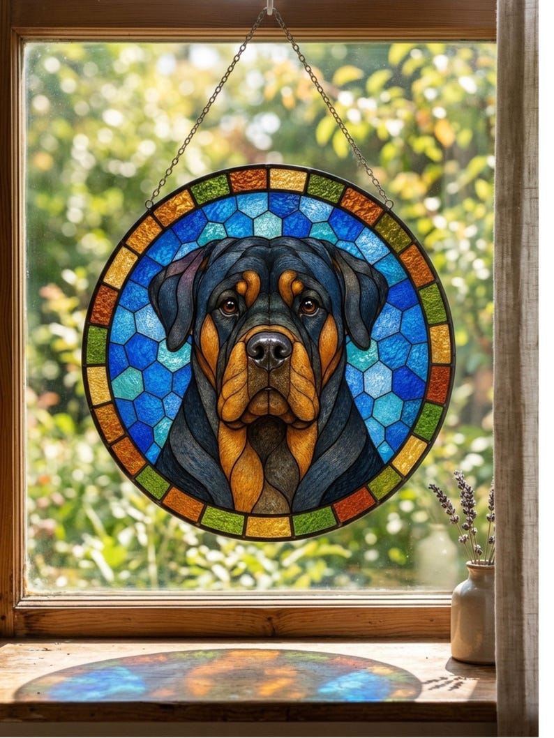 Custom Rottweiler stained glass suncatcher for dog lovers and pet memorial window decor