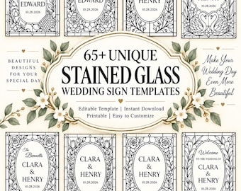Wedding Stained Glass Sign Pattern Bundle, DIY Wedding Welcome Sign Templates, 65+ PDF, Editable Canva