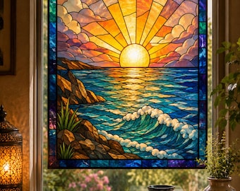 Stained Glass Pattern PDF - Sonnenaufgang über dem Meer - Digitaler Download, Anfänger Stained Glass Project, DIY Ocean Suncatcher, Moderne Glaskunst