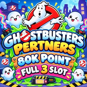 Puede incluir: Una colorida ilustración gráfica que presenta el logotipo de los Cazafantasmas con un fantasma blanco central, rodeado por cuatro fantasmas de dibujos animados más pequeños, baba verde y el texto GHOSTBUSTERS PERTNERS 80K POINT FULL 3 SLOT.