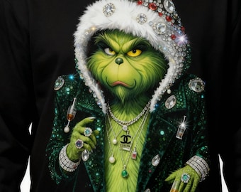 Archivos PNG de lujo del Grinch estilo gánster para sublimación navideña / Descarga digital del Grinch con diamantes brillantes para camisetas
