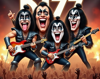 Impresión artística de caricatura de la banda KISS - Póster divertido de rock and roll - Decoración glam rock excéntrica - Regalo único para fans de Starchild y Demon - Arte musical