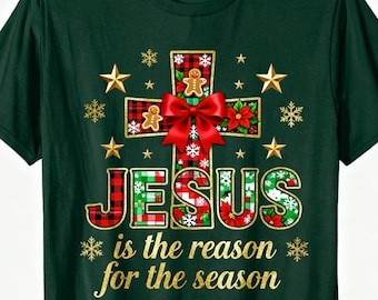 Camiseta navideña cristiana: Camiseta de cuadros con cruz y diseño de pan de jengibre con la imagen de la fe y Jesús