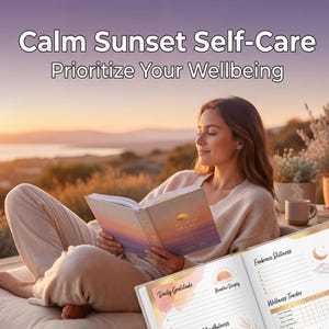 Op de afbeelding: Een vrouw leest buiten een boek met de titel "Calm Sunset Self-Care". De pagina's van het boek zijn open en tonen prompts voor dagelijkse dankbaarheid, meditatie en een welzijnstracker. De afbeelding bevat de tekst "Start Now."