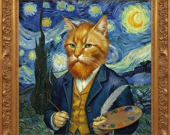 Lámina artística de gato de Vincent Van Gogh, póster de gato pelirrojo de Noche Estrellada, parodia de Chat Qui Peint, arte mural de gato impresionista