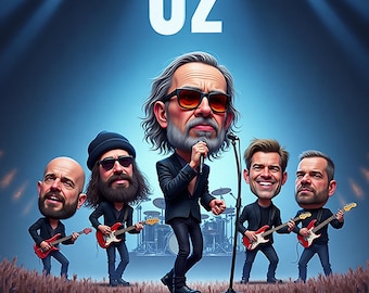 Impresión artística de caricatura de la banda U2 - Póster divertido de rock alternativo - Retrato excéntrico de Bono y The Edge - Regalo único para fans del rock irlandés - Decoración musical
