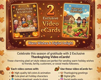 2 Thanksgiving Video eCards | Pixel Art Holiday Greetings (Instant Download)