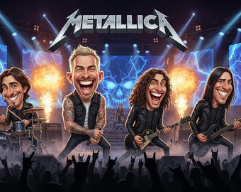 Caricatura de Metallica - Póster divertido de heavy metal - Retrato excéntrico de una banda - Regalo único para un fan del thrash metal - Decoración para salas de música
