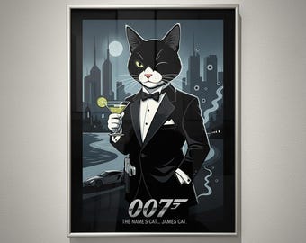 Lámina artística de gato de James Bond, póster de gato negro 007, parodia de Shaken Not Purred, arte mural de gato espía, decoración divertida de gato con esmoquin, regalo para amantes de los gatos