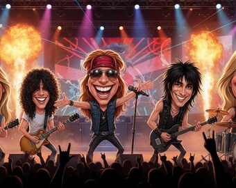 Impresión artística de caricatura de Guns N' Roses - Póster divertido de banda de rock - Decoración musical excéntrica - Regalo único para fanáticos del heavy metal