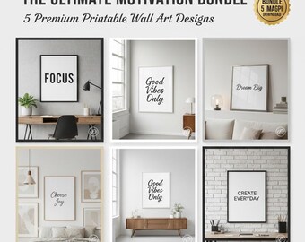 Minimalist Quote Wall Art Bundle | 5 Digital Prints Set: Focus, Dream Big, Good Vibes, Choose Joy, Create Everyday | Modern Typography