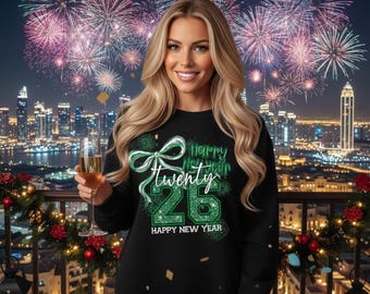 Camiseta de Año Nuevo 2026 con diseño de bola de discoteca y cruz de leopardo en oro esmeralda