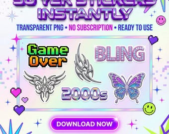 Y2K Digital Sticker Pack | 50 PNGs | Cybercore, Glitter & Nostalgia Tech