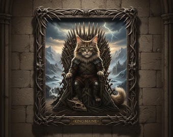 Arte de gato de Juego de Tronos, póster de Lord Fluffington, rey de Poniente, impresión de gato del Trono de Hierro, arte mural de gato de fantasía, regalo de gato dragón medieval