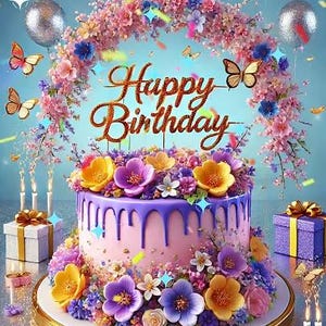 May include: A celebratory birthday cake with purple icing and vibrant flowers. The cake is adorned with balloons, butterflies, and the words "Happy Birthday". The scene is decorated with gifts and candles.