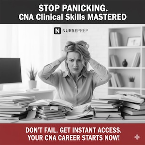 Può includere: Immagine in bianco e nero con testo: "STOP PANICKING. CNA Clinical Skills MASTERED." Una donna con le mani sulla testa è circondata da libri. Il testo "DON'T FAIL. GET INSTANT ACCESS. YOUR CNA CAREER STARTS NOW!" è in basso.