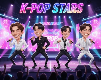 Impresión artística de caricatura de banda de K-POP - Póster de ídolo adorable - Decoración musical divertida para pared - Regalo excéntrico para fans del K-Pop - Decoración única de habitación estilo chibi