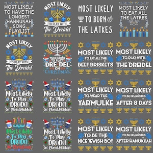 Puede incluir: Una colección de camisetas grises con varias frases temáticas de Janucá en texto blanco y azul. Los diseños incluyen menorás, dreidels y refranes relacionados con las fiestas. Las camisetas son perfectas para celebrar la temporada navideña.