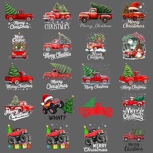 May include: A collection of red trucks and vehicles, each decorated with Christmas trees and festive elements. The designs include the text "Merry Christmas" and "CHRISTMA'S". Some trucks have Santa hats.