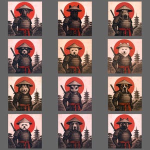 Puede incluir: Una colección de doce impresiones cuadradas que presentan varias razas de perros vestidos como guerreros samuráis. Cada impresión muestra un perro con un sombrero japonés tradicional, armadura y una katana, sobre un fondo de un sol rojo y una pagoda.