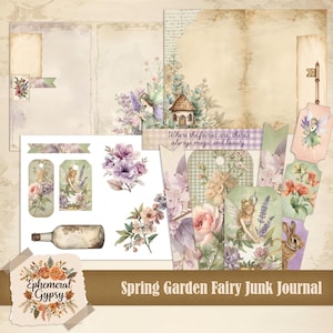 Op de afbeelding: Een verzameling scrapbookelementen in vintage-stijl met een feeënthema. Bevat bloemstukken, tags, journaalpagina's en een fles met een kurk. De tekst luidt "Where the fairies are, there's always magic and beauty" en "Spring Garden Fairy Junk Journal."