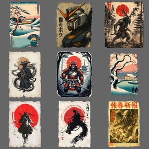 Puede incluir: Nueve impresiones artísticas de inspiración japonesa con diversas escenas. Las impresiones representan un paisaje invernal, una cabeza de robot, una criatura del bosque, un samurái, un samurái con armadura, un paisaje nevado, un samurái a caballo, un samurái sobre un dragón y un pulpo.