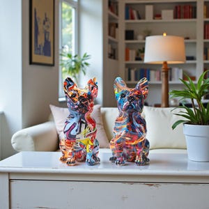 Peut inclure: Deux statues décoratives de bouledogues français. Chaque chien est assis, avec une finition brillante. Les statues sont peintes avec un mélange de couleurs vives, dont le bleu, le rouge, le jaune et le blanc, créant un design abstrait unique. Décoration intérieure.