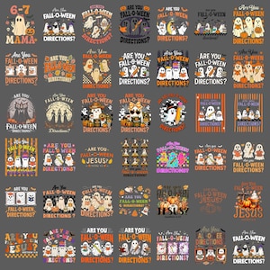 May include: A collection of graphic designs featuring ghosts, pumpkins, and autumn-themed elements with the text Are You Fall-O-Ween Directions? or Are You Fall-O-Ween Jesus? displayed in various fonts, colors, and layouts on a dark gray background.
