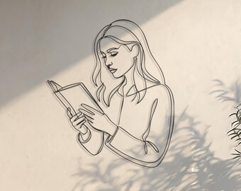 Cuadro de metal con una chica leyendo, decoración de pared para amantes de los libros, arte minimalista lineal, decoración de rincón de lectura, arte de pared para biblioteca, regalo para lectores.